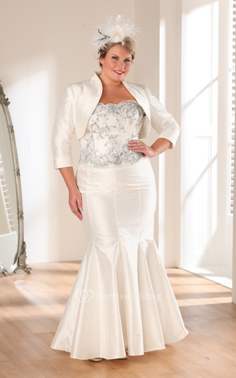 Mermaid FloorLength Strapless 34Sleeve Satin Cape Dress