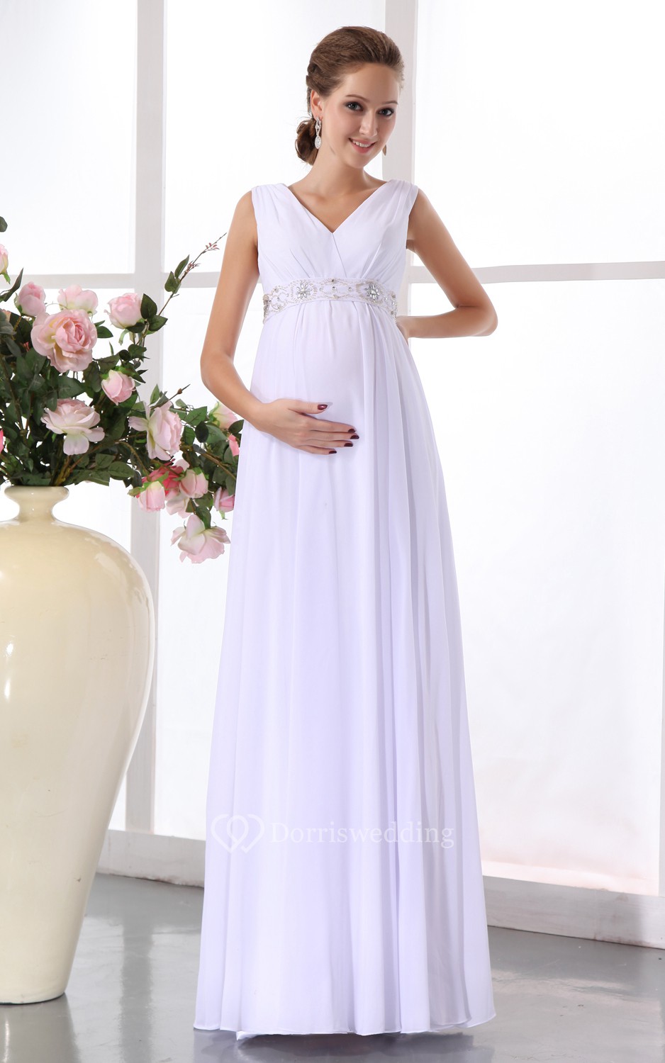 V Neck Empire Chiffon Maternity Dress With Belted Waist Dorris Wedding 7447