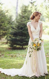 Modern V-neck Chiffon Flowers Wedding Dress Sweep Train