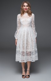 Simple A Line High Neck Lace Tea-length Wedding Dress with Appliques