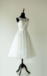 Sleeveless A-Line High Neck Tulle Dress With Lace Bodice and Illusion