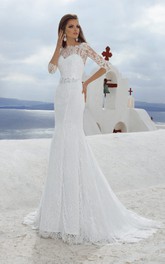Bateau Neck 3-4 Length Sleeve Sheath Lace Wedding Dress With Beading