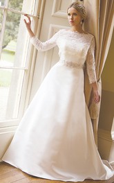 A-Line Bateau Neck Appliqued Long Sleeve Satin Wedding Dress