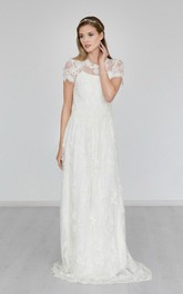 Short Sleeve A-Line Lace High Neck Dress With Illusion Back