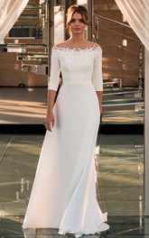 Simple Off-the-shoulder Sheath Sweep Train 3/4 Length Sleeve Wedding Dress With Appliques