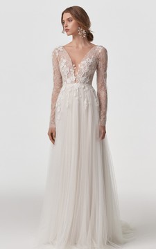 Ethereal V-neck Lace Tulle A Line Long Sleeve Floor-length Sweep Train Wedding Dress with Appliques