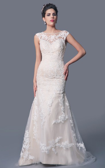 Mermaid Floor-Length V-Neck Cap-Sleeve Zipper Lace Dress With Sash And ...