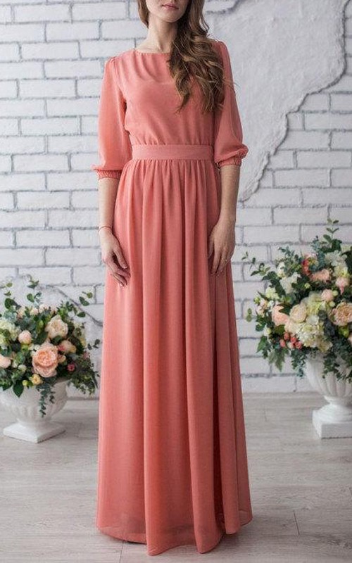 Occasion Long Chiffon Peach Wedding Mother Of The Bride With Sleeve